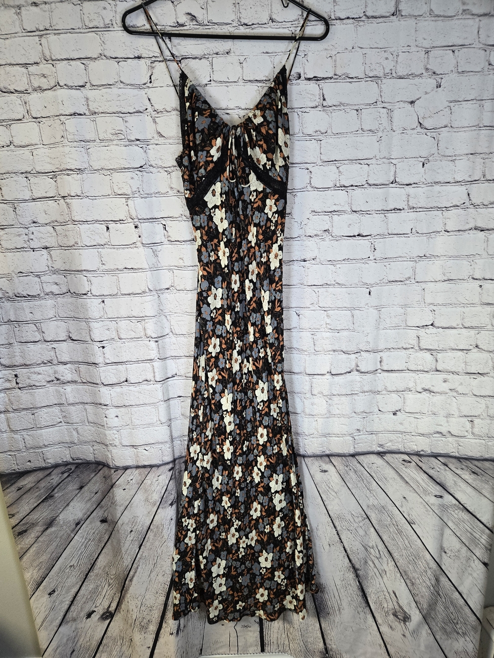 Black Floral Maxi Slip Dress with Cream & Brown Blooms